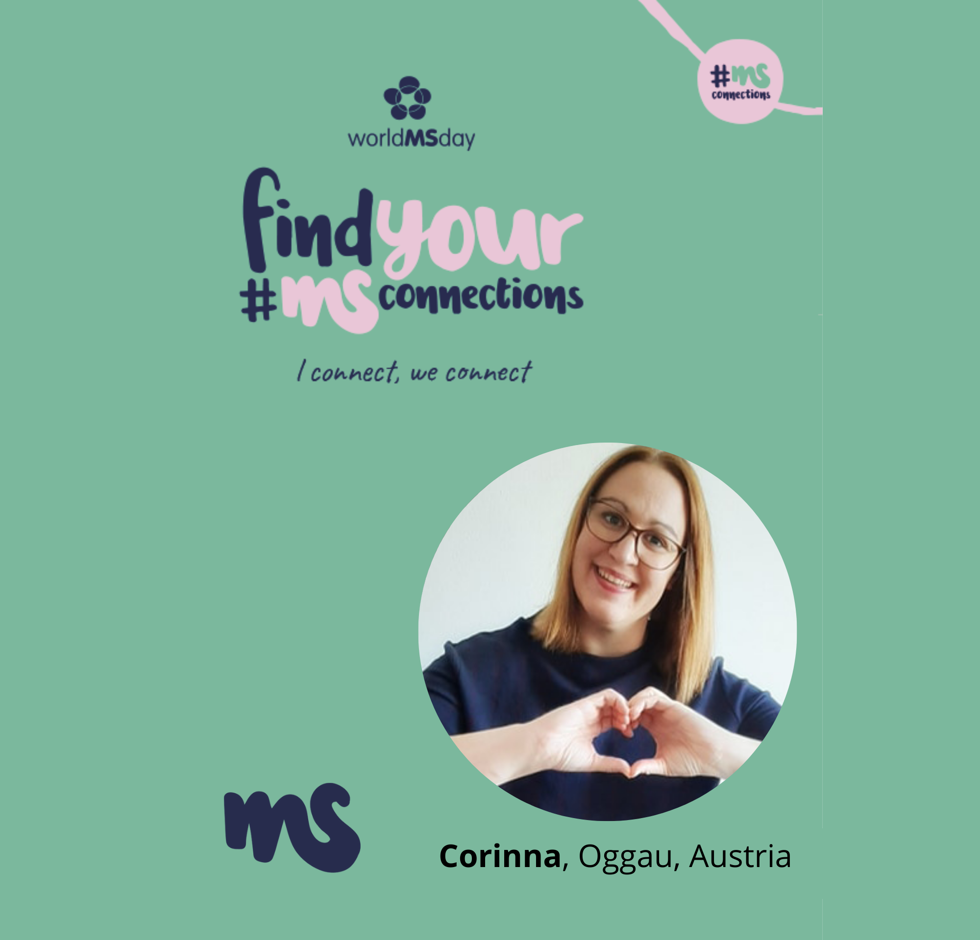türkises Rechteck mit Bild von Corinna, Oggau, Austria, Text: find your #MSConnections